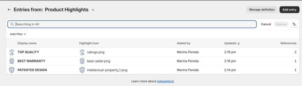 Product Highlights Metaobject Entries Screencapture